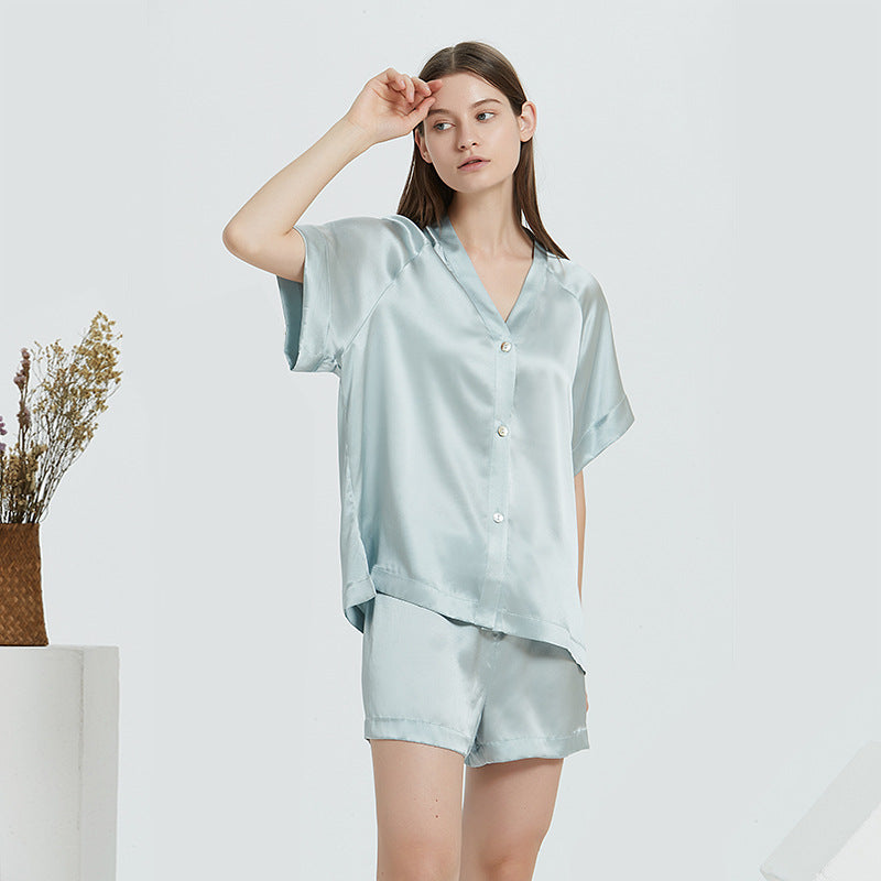 Silk pajamas 100% mulberry silk, loungewear V-neck, short sleeves, shorts, pajamas