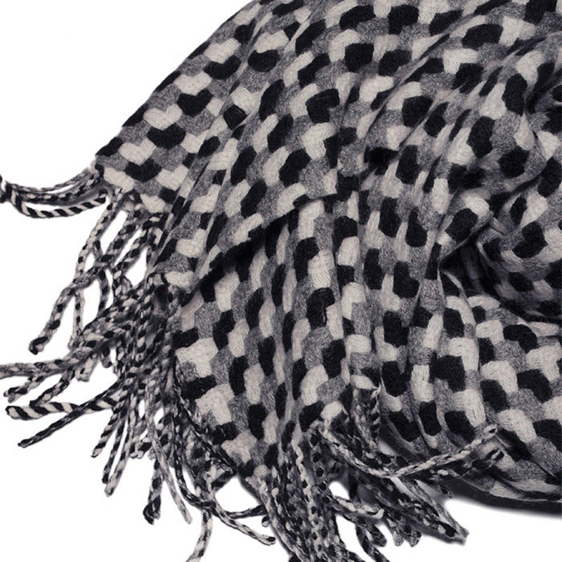 Top cashmere, classic, black and white, gray woven grid, thick, cashmere, fringed scarf.