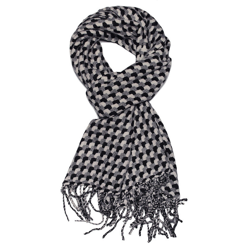 Top cashmere, classic, black and white, gray woven grid, thick, cashmere, fringed scarf.