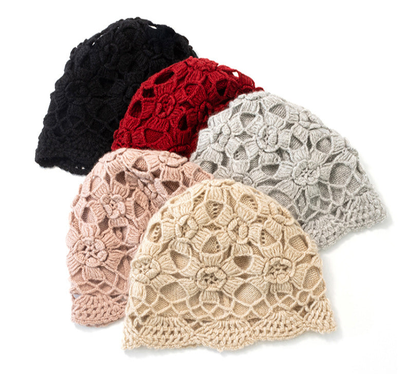 Handmade crochet, double layer, petal, hollow, cashmere, knitted, hat