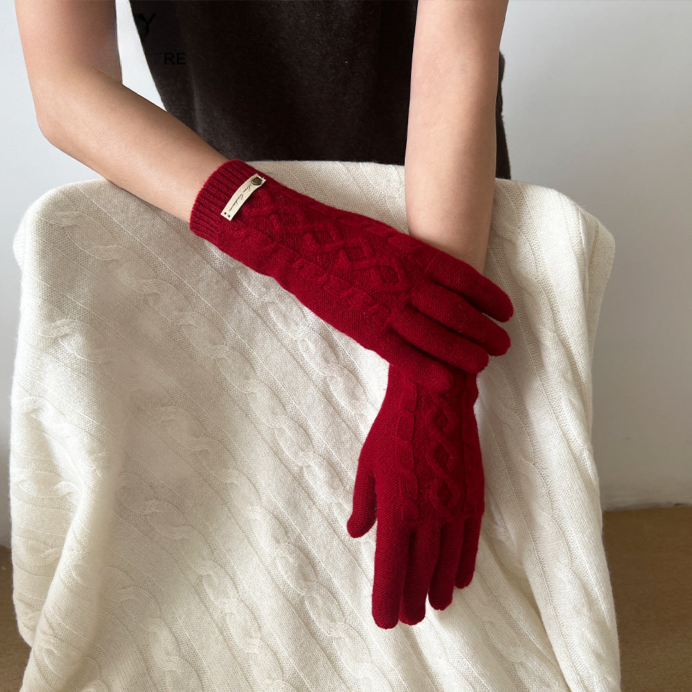 Pure cashmere knitted rhombus gloves, women's autumn and winter warm five-finger gloves