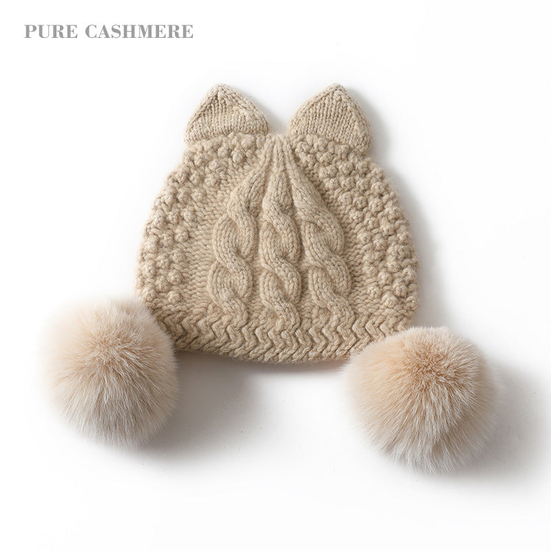 Cashmere hat, women's 100% pure cashmere, fox hair, cat ears, knitted, warm, hat