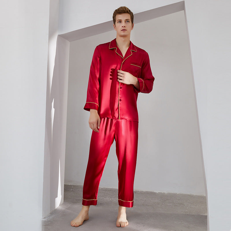 Silk pajamas men's long-sleeved trousers two-piece set silk loungewear 100% mulberry silk pajamas set men's