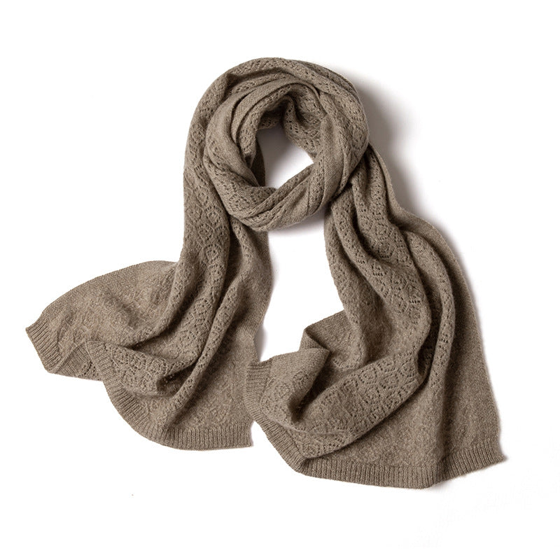 Cashmere scarf, women's 100% pure cashmere, autumn and winter, peacock hollowed out, solid color, warm, knitted scarf.