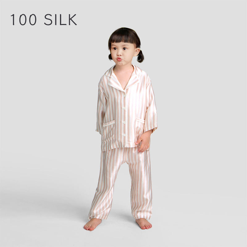 Children's silk pajamas, men's and women's same 100% mulberry silk long-sleeved trousers set, striped casual silk loungewear