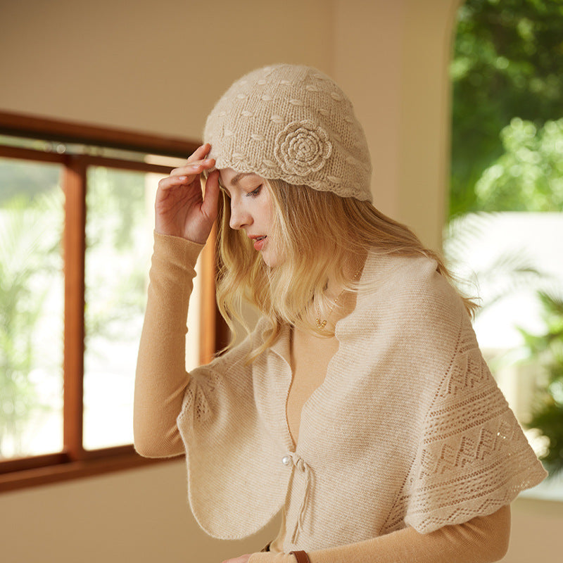 Cashmere hat, women's 100% pure cashmere, autumn and winter, handmade, three-dimensional flower knitting, hat knitted hat