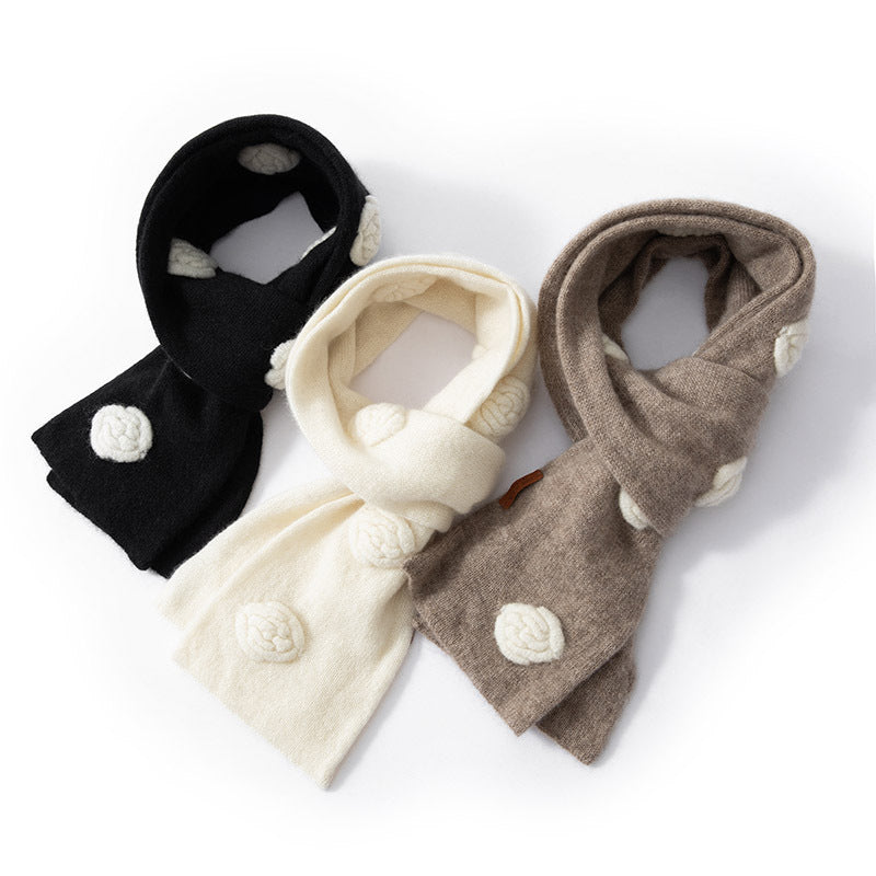 Cashmere scarf 100% pure cashmere camellia, three-dimensional scarf, male and female, knitted, warm, small scarf.