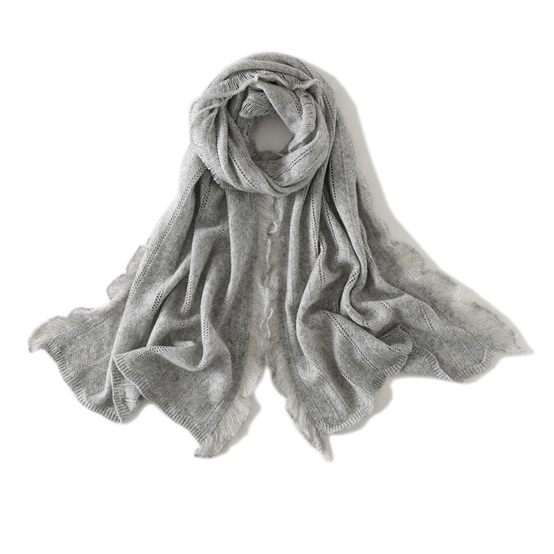 Knitted cashmere scarf women's autumn and winter new solid color hollow long oversized cashmere shawl warm cashmere scarf