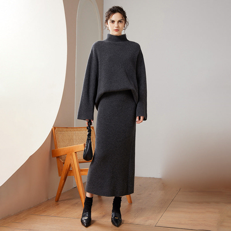 25 autumn and winter new Korean fashion knitted two-piece set irregular turtleneck cashmere sweater drape casual skirt