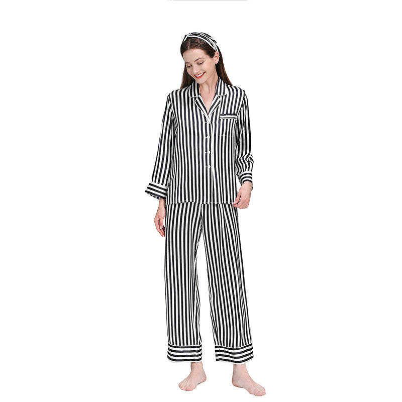 Silk pajamas 100% mulberry silk, long sleeves, trousers, suits, stripes, loungewear