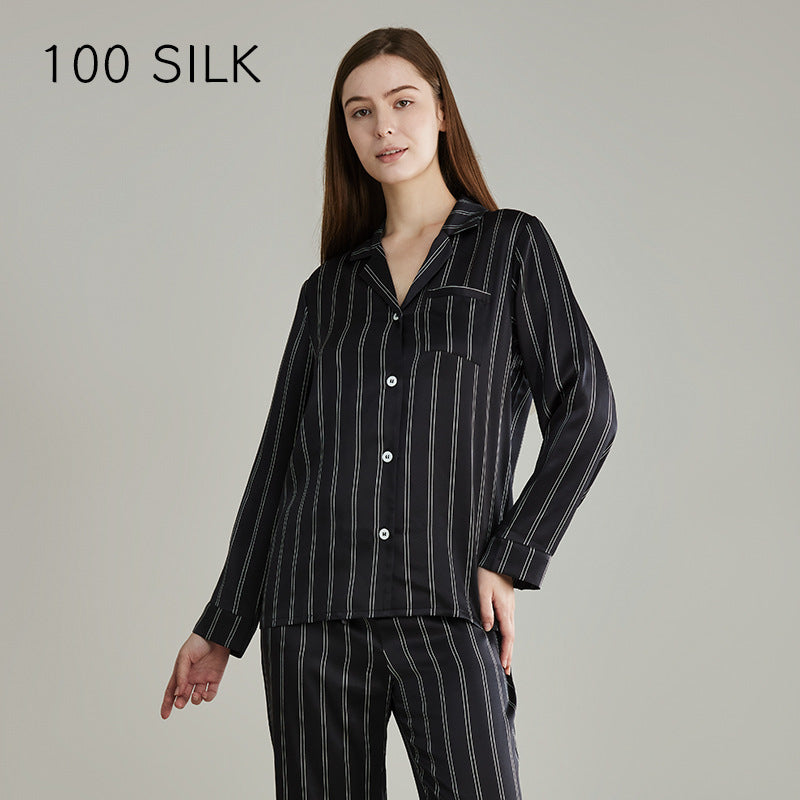 Silk pajamas, men and women, striped 100% mulberry silk, couples, loungewear, long sleeves, trousers