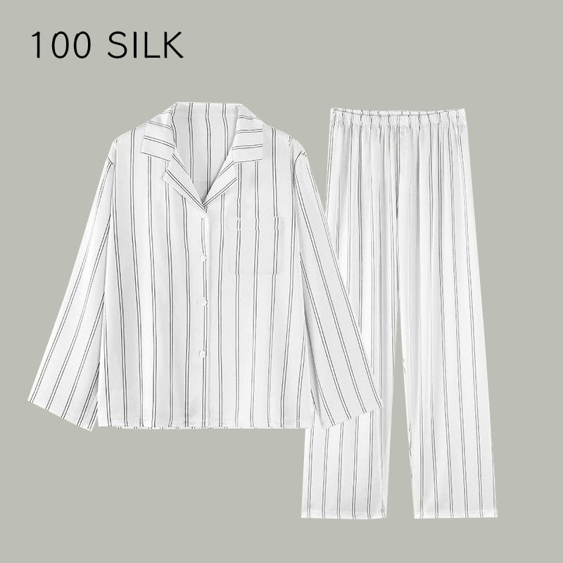 Silk pajamas, men and women, striped 100% mulberry silk, couples, loungewear, long sleeves, trousers