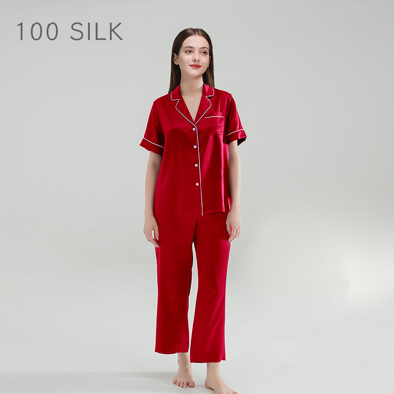 19 mmi, silk pajamas, women's 100% mulberry silk, short sleeves, trousers, loungewear