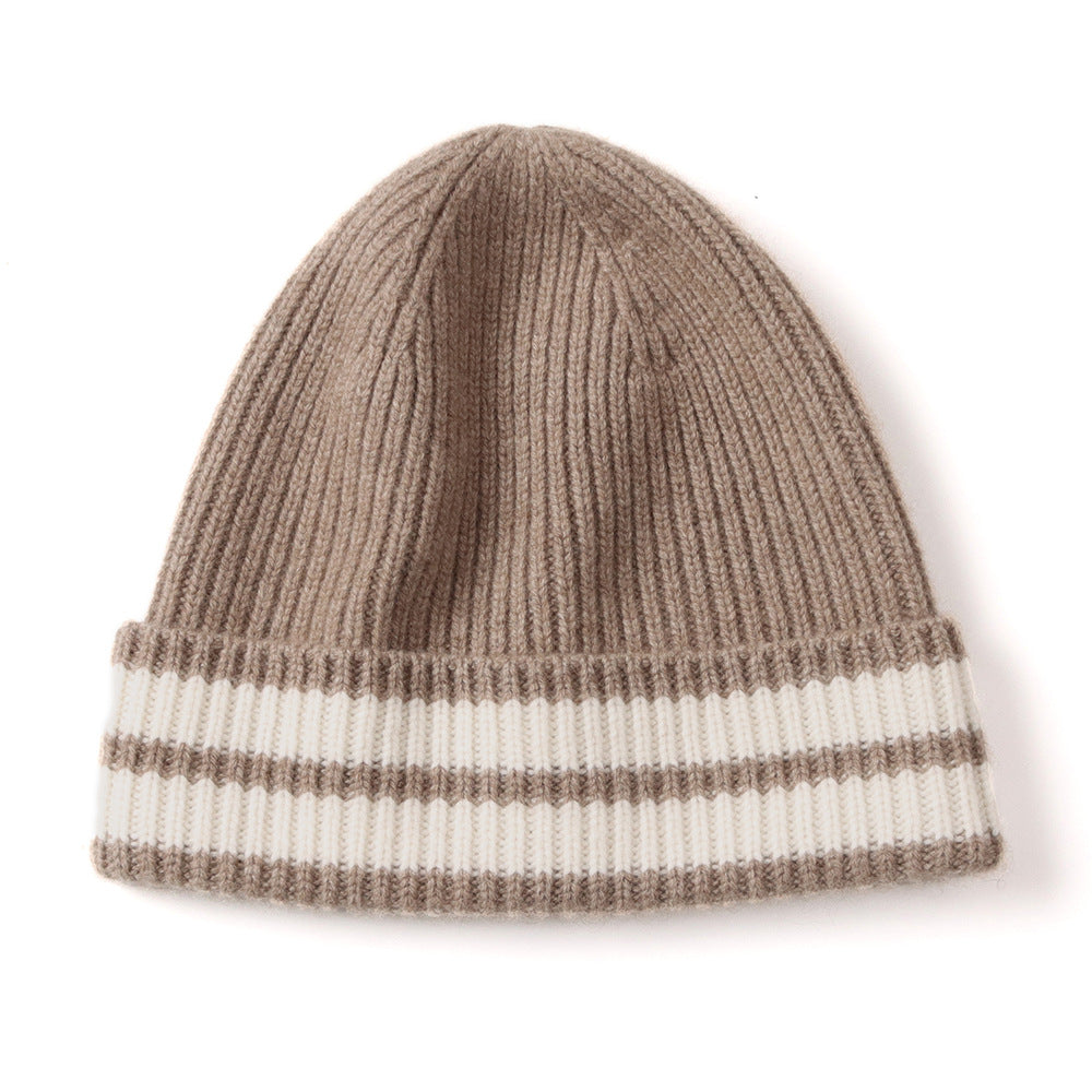 New autumn and winter warm cute pure cashmere color strip flanged knitted hat