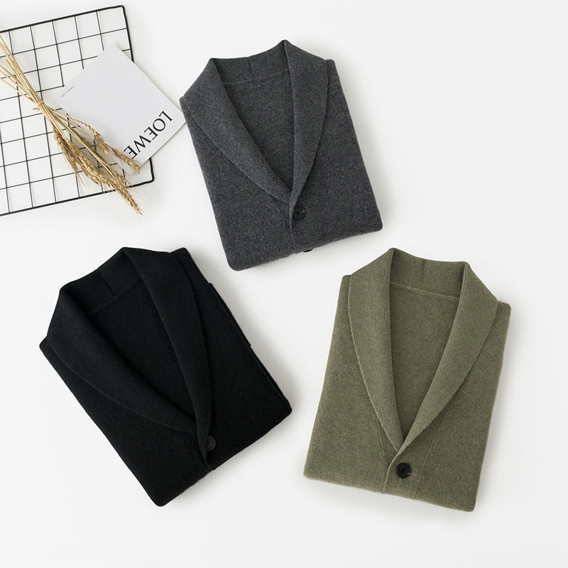 470G, solid color 100 pure cashmere, green fruit, loose collar, men's cardigan, business, casual, knitted cashmere, coat