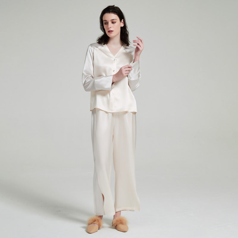 Silk pajamas V-neck color matching, long sleeves, trousers 100% mulberry silk, loungewear, women