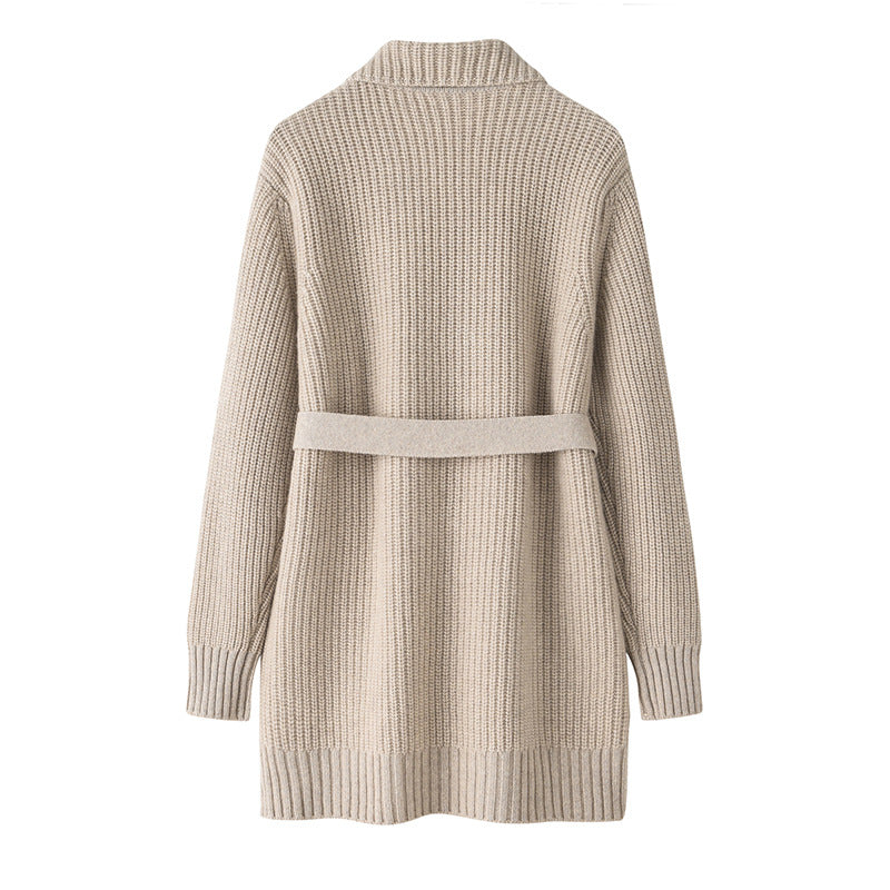 Medium and long, double-breasted, belt, cashmere, knitted, cardigan, coat, cashmere sweater, women's