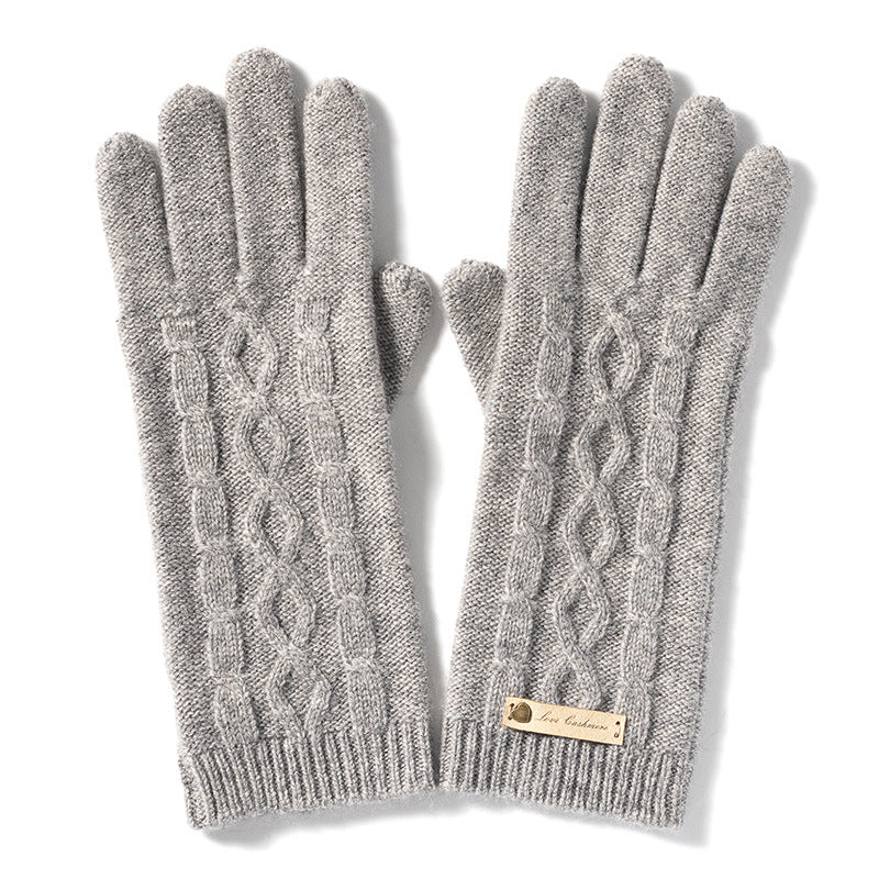 Pure cashmere knitted rhombus gloves, women's autumn and winter warm five-finger gloves