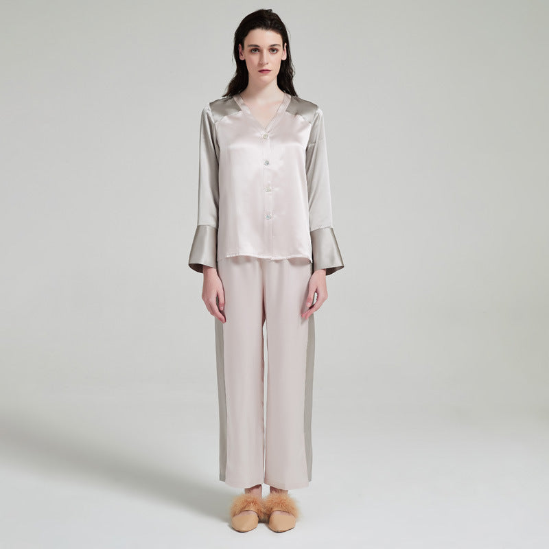 Silk pajamas V-neck color matching, long sleeves, trousers 100% mulberry silk, loungewear, women