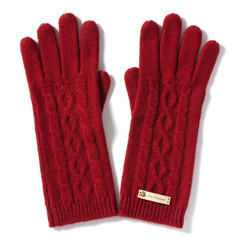 Pure cashmere knitted rhombus gloves, women's autumn and winter warm five-finger gloves