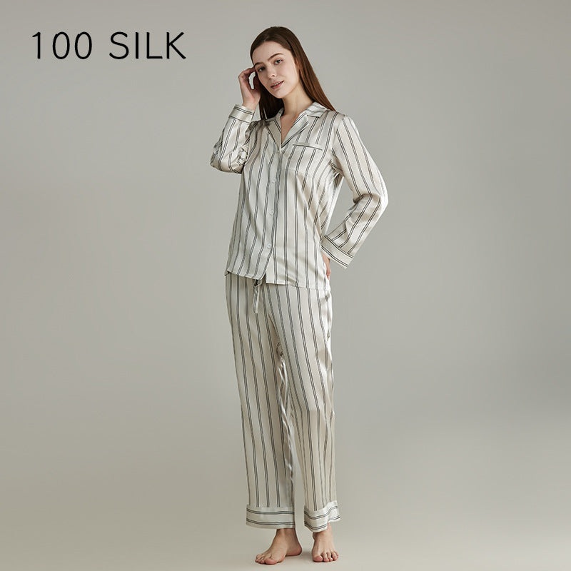 Silk pajamas, men and women, striped 100% mulberry silk, couples, loungewear, long sleeves, trousers