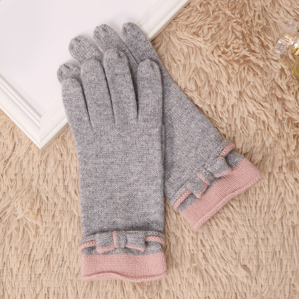 Cashmere, knitted, gloves, women's warmth, solid color, bow,