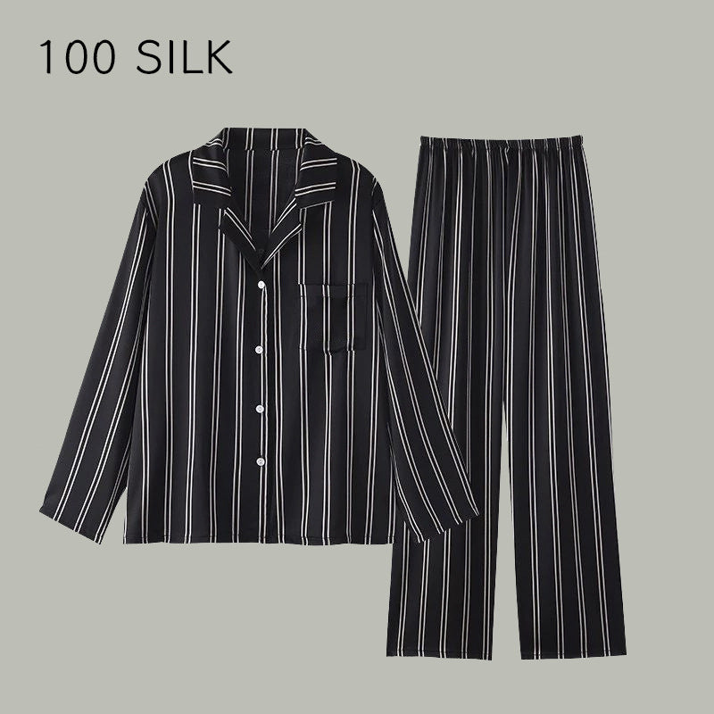 Silk pajamas, men and women, striped 100% mulberry silk, couples, loungewear, long sleeves, trousers