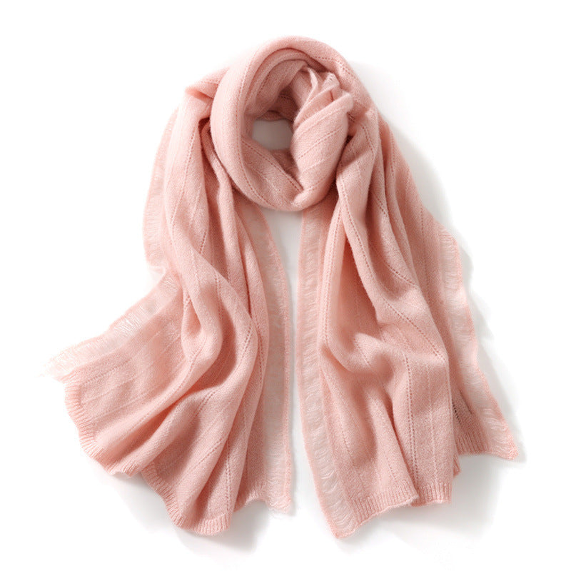 Cashmere scarf Women's 100% pure cashmere, autumn and winter, soft solid color, hollow scarf, shawl