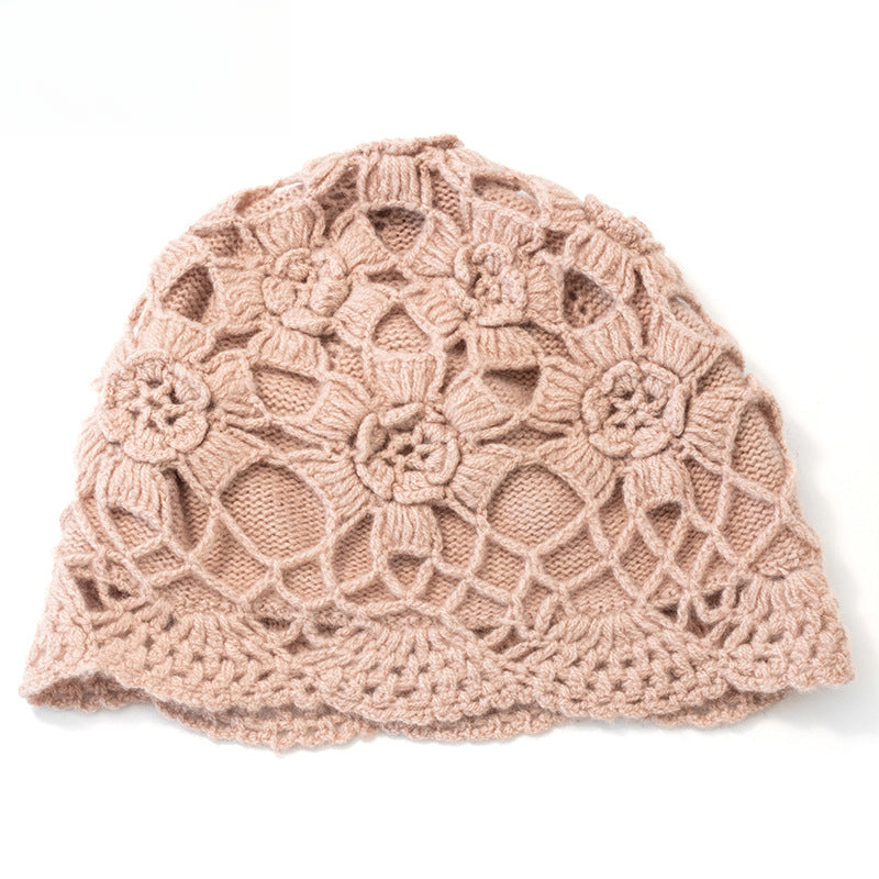 Handmade crochet, double layer, petal, hollow, cashmere, knitted, hat