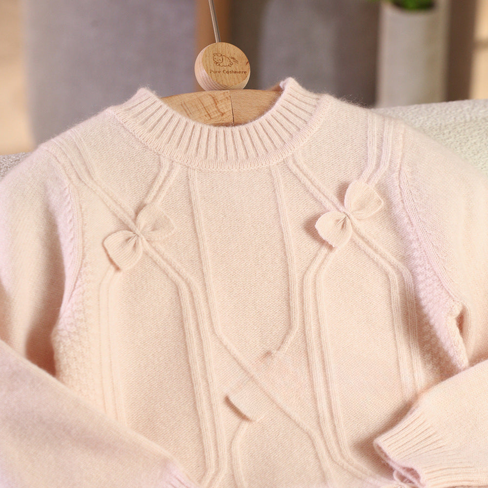 Counting sheep, sweet wind bow girl pink pullover cashmere sweater to keep warm