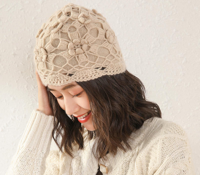 Handmade crochet, double layer, petal, hollow, cashmere, knitted, hat