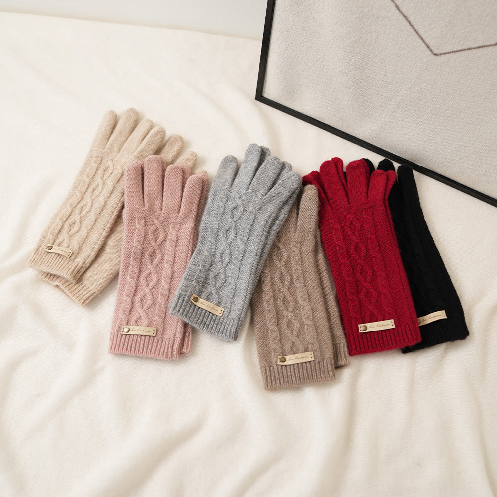 Pure cashmere knitted rhombus gloves, women's autumn and winter warm five-finger gloves